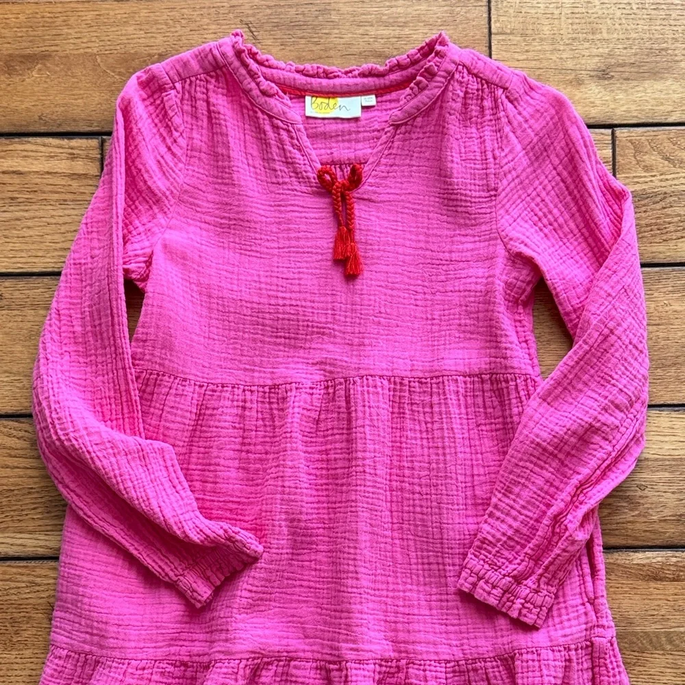 Boden Girls Pink Tiered Gauzy Cotton Dress 11-12y Pockets Long Sleeve Bow Detail